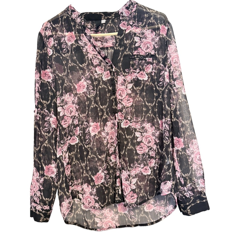 KUT from the Kloth Women Black Pink Rose Floral Sheer Chiffon V-Neck Blouse M